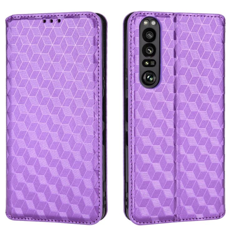 For Sony Xperia 1 III Cubic Grid Texture Flip Leather Phone Case