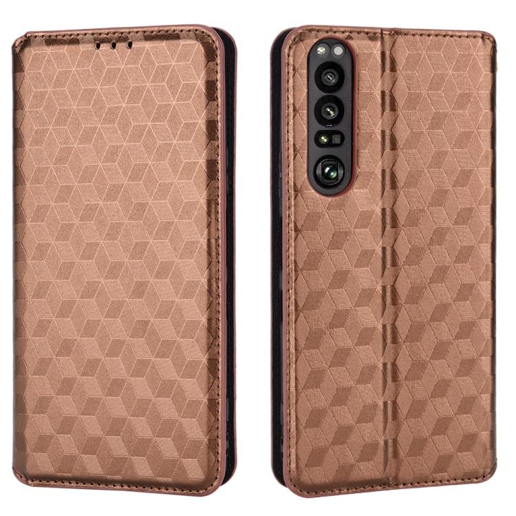 For Sony Xperia 1 III Cubic Grid Texture Flip Leather Phone Case