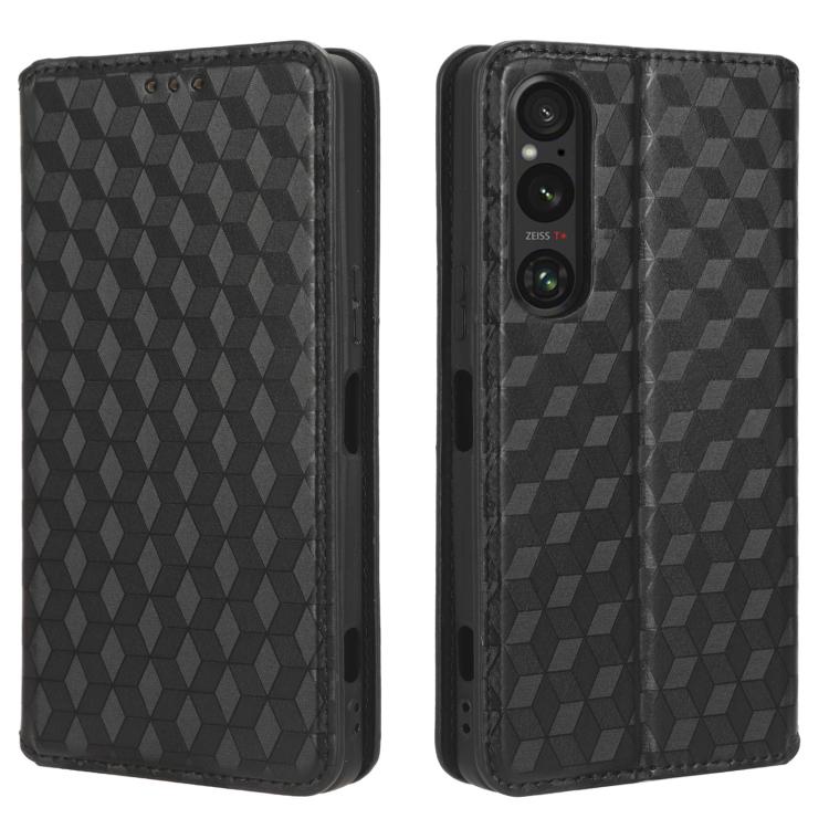 For Sony Xperia 1 V Cubic Grid Texture Flip Leather Phone Case