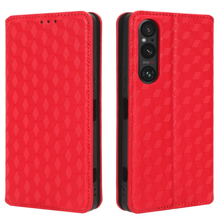 For Sony Xperia 1 V Cubic Grid Texture Flip Leather Phone Case