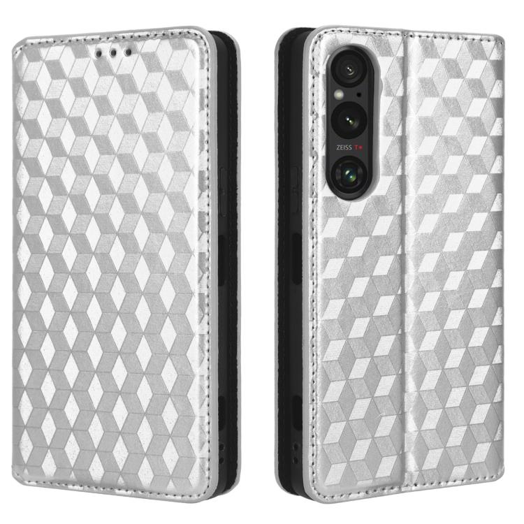 For Sony Xperia 1 V Cubic Grid Texture Flip Leather Phone Case
