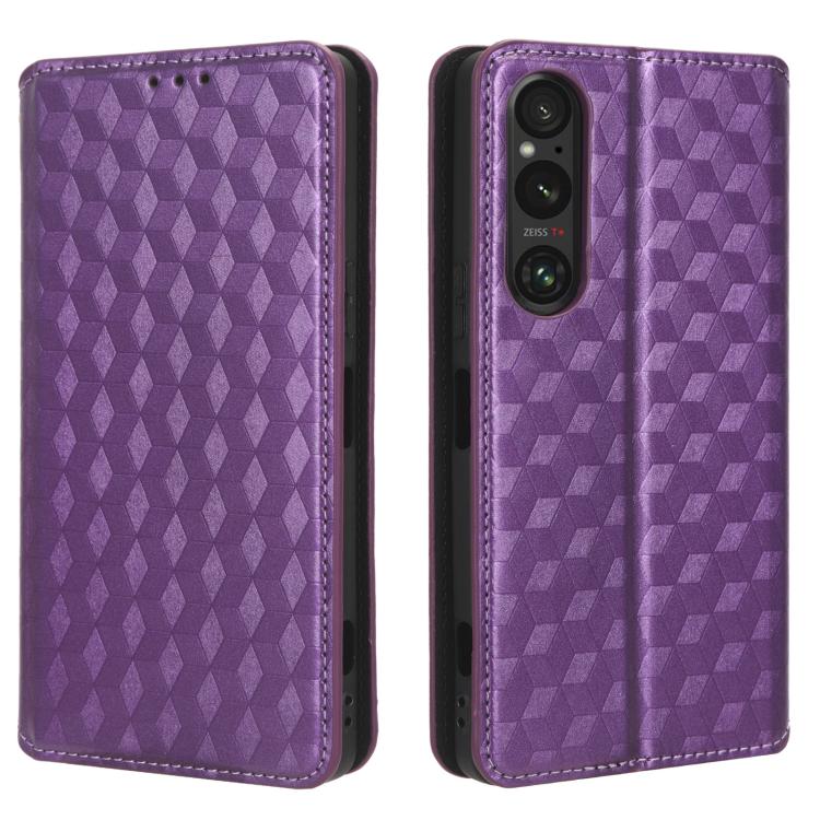 For Sony Xperia 1 V Cubic Grid Texture Flip Leather Phone Case