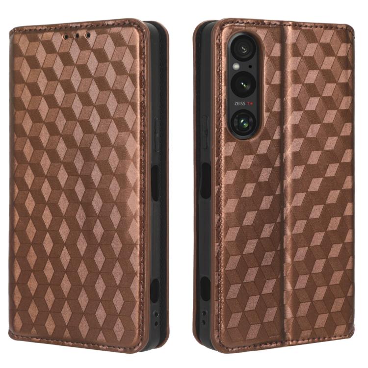 For Sony Xperia 1 V Cubic Grid Texture Flip Leather Phone Case