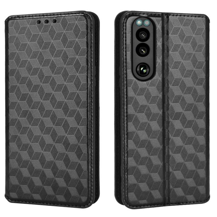 For Sony Xperia 5 III Cubic Grid Texture Flip Leather Phone Case