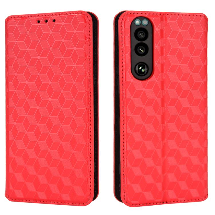 For Sony Xperia 5 III Cubic Grid Texture Flip Leather Phone Case