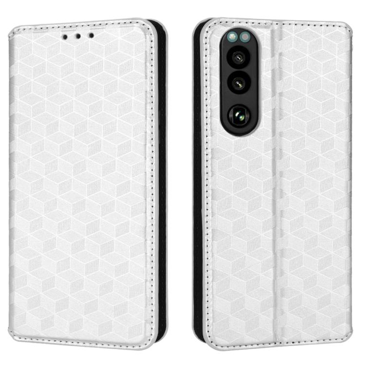 For Sony Xperia 5 III Cubic Grid Texture Flip Leather Phone Case