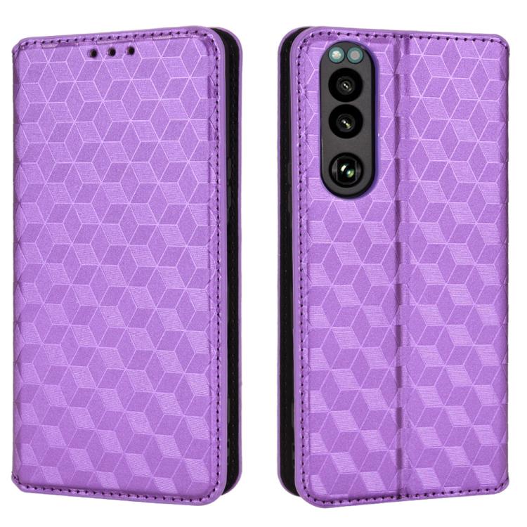 For Sony Xperia 5 III Cubic Grid Texture Flip Leather Phone Case