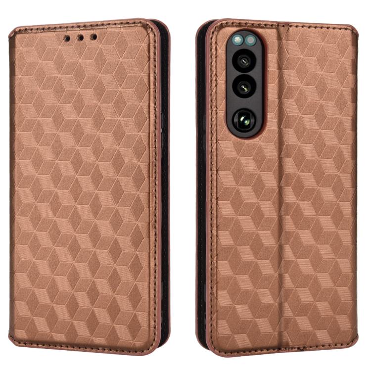 For Sony Xperia 5 III Cubic Grid Texture Flip Leather Phone Case