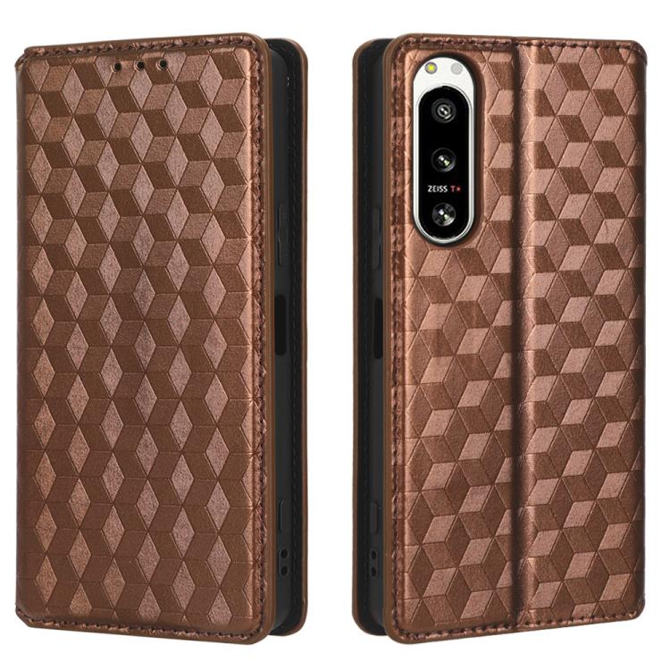 For Sony Xperia 5 IV Cubic Grid Texture Flip Leather Phone Case