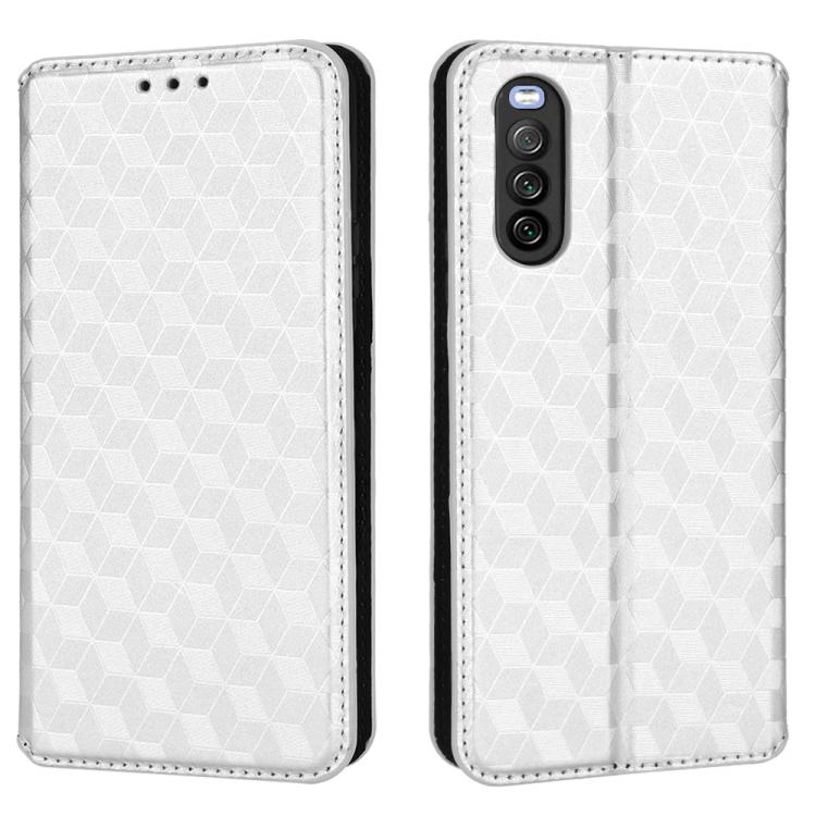 For Sony Xperia 10 III Cubic Grid Texture Flip Leather Phone Case