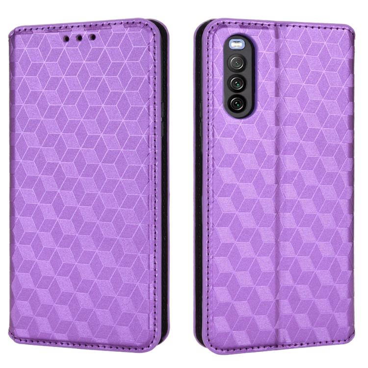 For Sony Xperia 10 III Cubic Grid Texture Flip Leather Phone Case