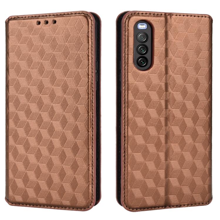 For Sony Xperia 10 III Cubic Grid Texture Flip Leather Phone Case