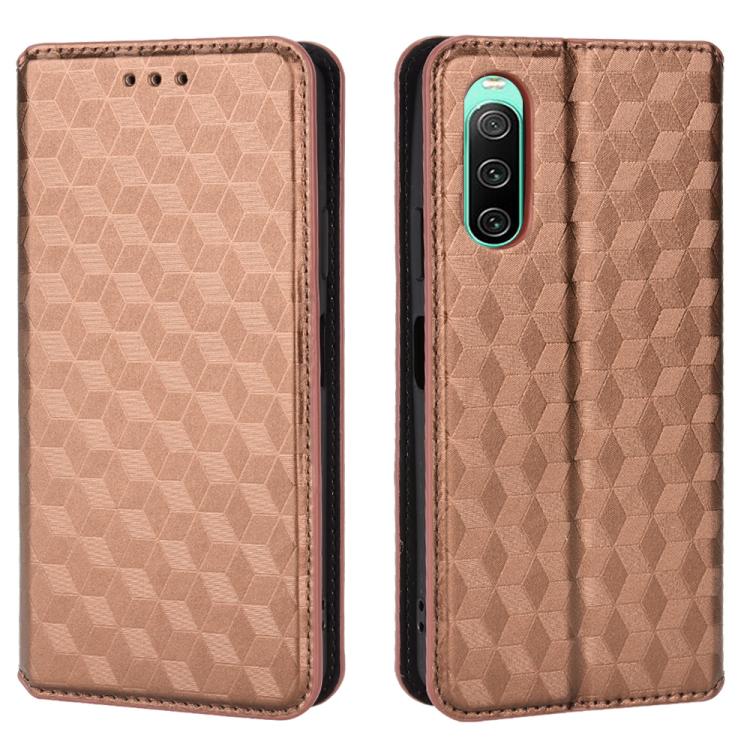 For Sony Xperia 10 IV Cubic Grid Texture Flip Leather Phone Case
