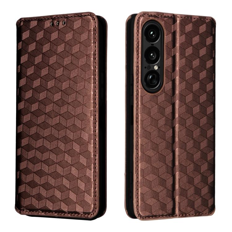 For Sony Xperia 1 VII Cubic Grid Texture Flip Leather Phone Case