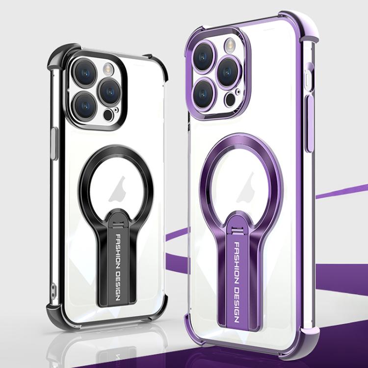 For iPhone 16 Plus Shockproof Electroplating MagSafe Holder Phone Case