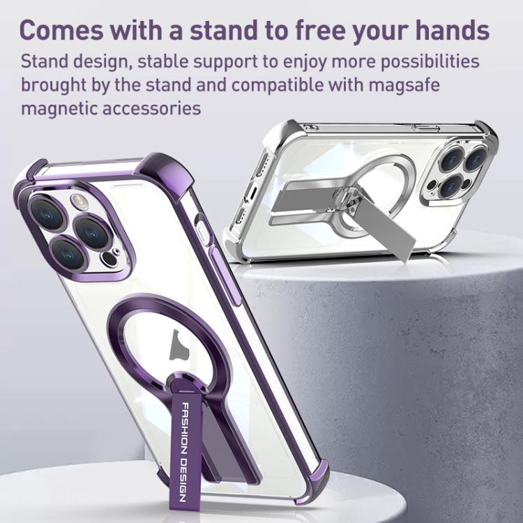 For iPhone 16 Plus Shockproof Electroplating MagSafe Holder Phone Case