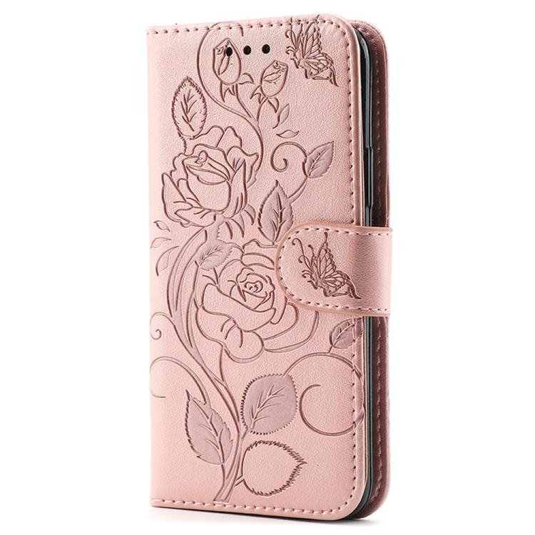 For iPhone 17e / 16e Rose Butterfly Embossed Leather Phone Case
