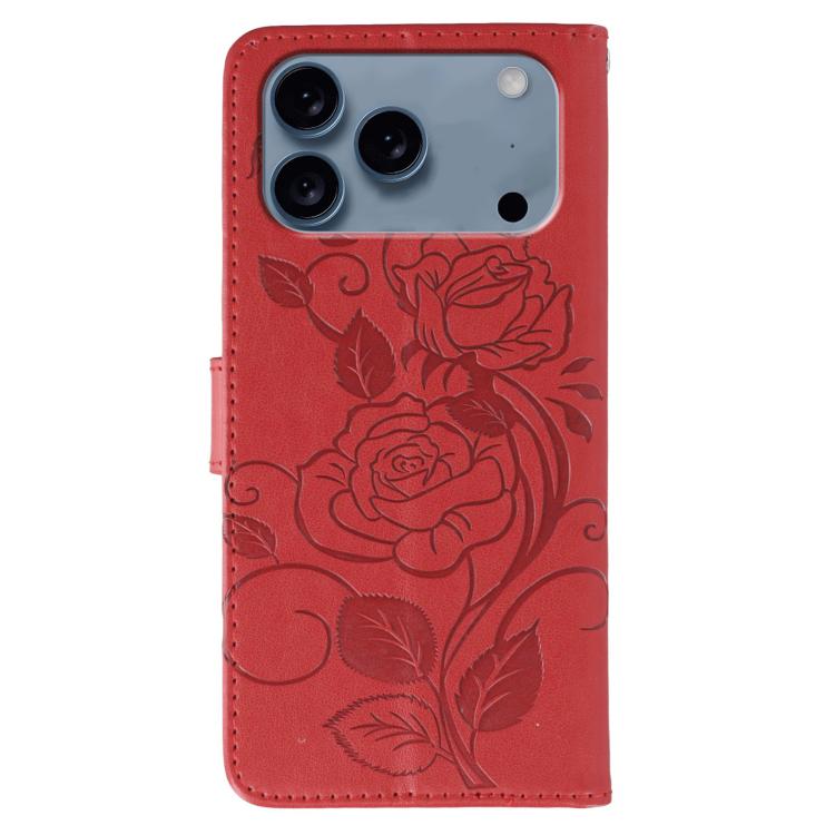 For iPhone 17 Pro Max Rose Butterfly Embossed Leather Phone Case