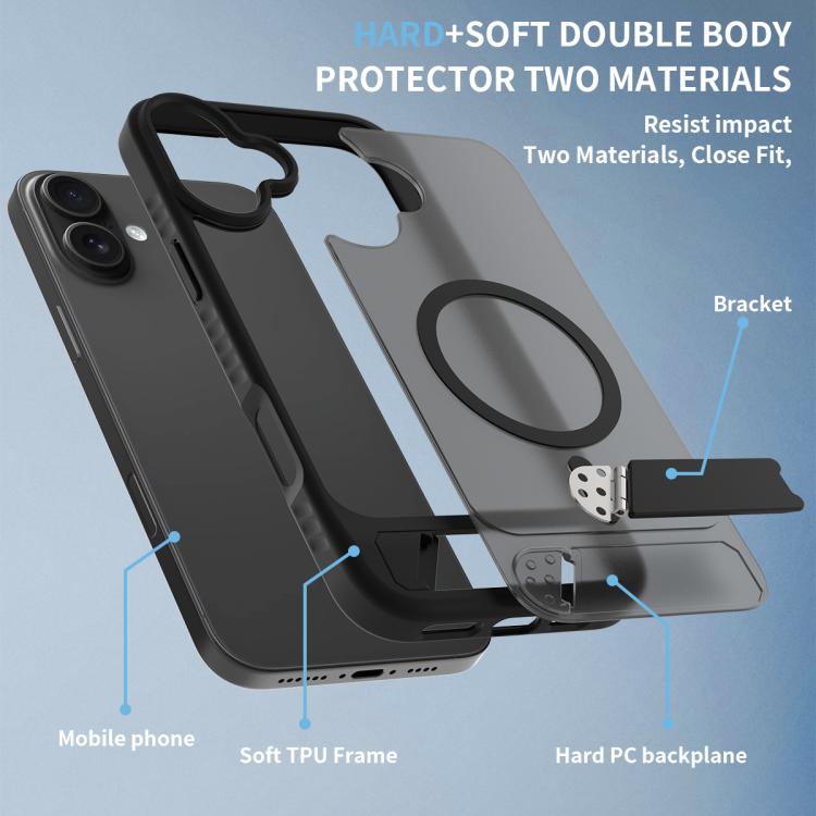 For iPhone 16 Plus Frosted Holder PC Hybrid TPU MagSafe Phone Case