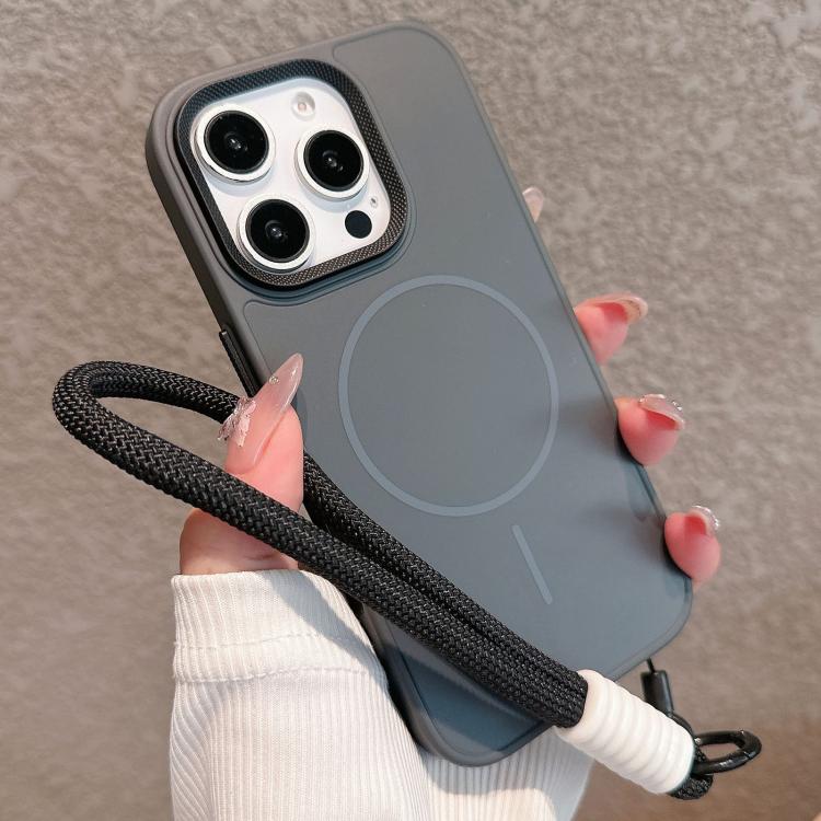 For iPhone 16 Pro Metal Diamond Texture Lens Frame MagSafe Phone Case with Lanyard