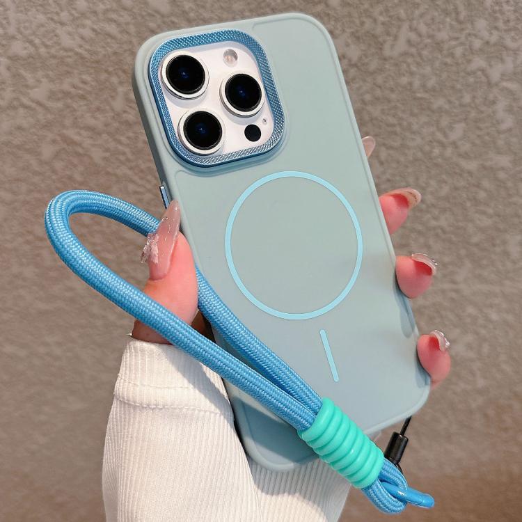For iPhone 16 Pro Metal Diamond Texture Lens Frame MagSafe Phone Case with Lanyard