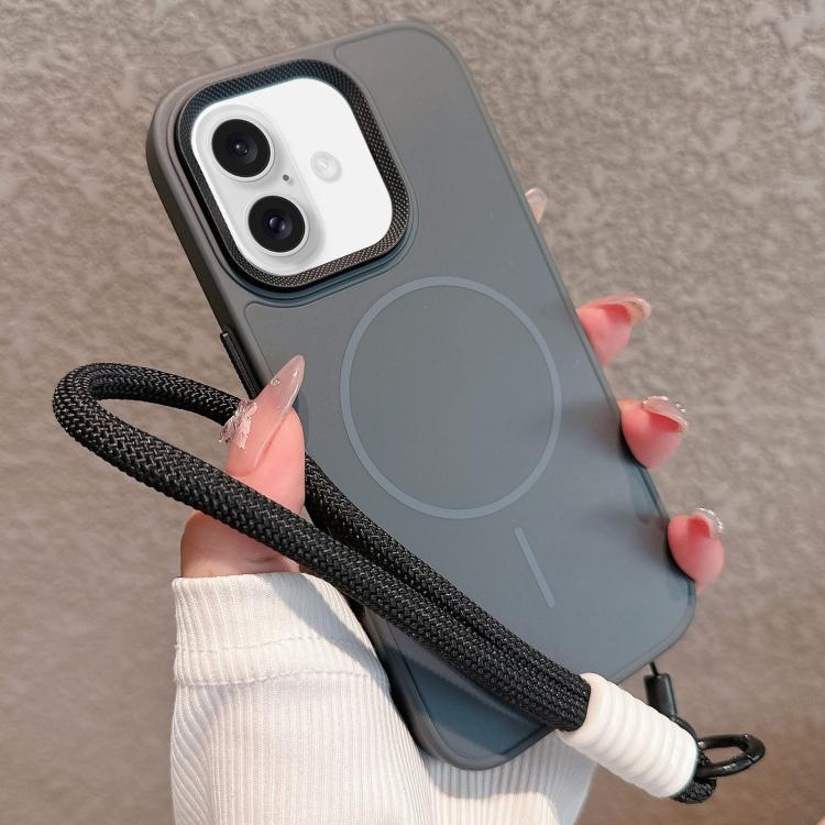 For iPhone 16 Plus Metal Diamond Texture Lens Frame MagSafe Phone Case with Lanyard