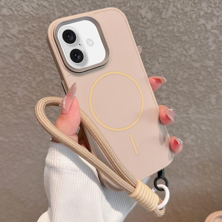 For iPhone 16 Plus Metal Diamond Texture Lens Frame MagSafe Phone Case with Lanyard