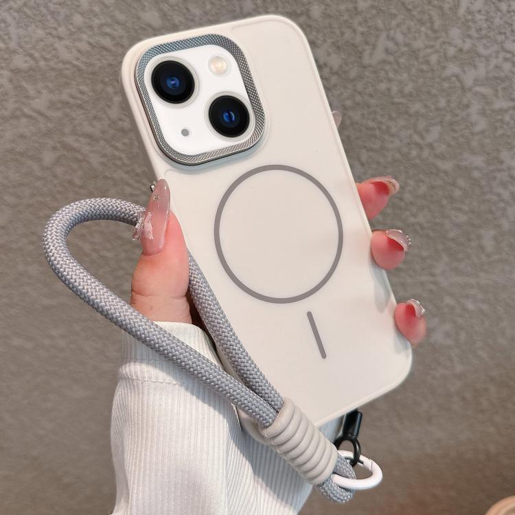 For iPhone 15 Plus Metal Diamond Texture Lens Frame MagSafe Phone Case with Lanyard