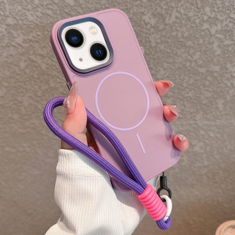 For iPhone 14 Plus Metal Diamond Texture Lens Frame MagSafe Phone Case with Lanyard