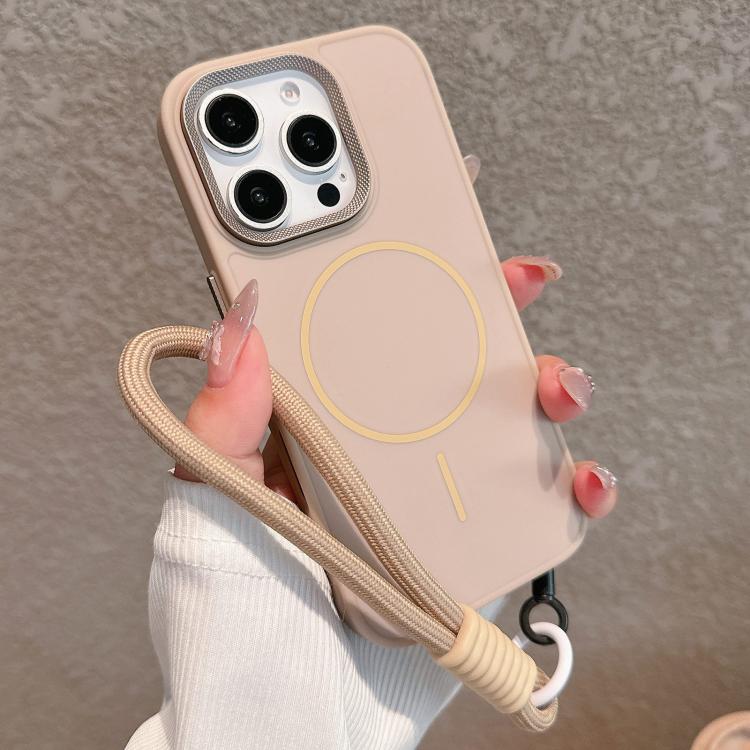 For iPhone 14 Pro Max Metal Diamond Texture Lens Frame MagSafe Phone Case with Lanyard