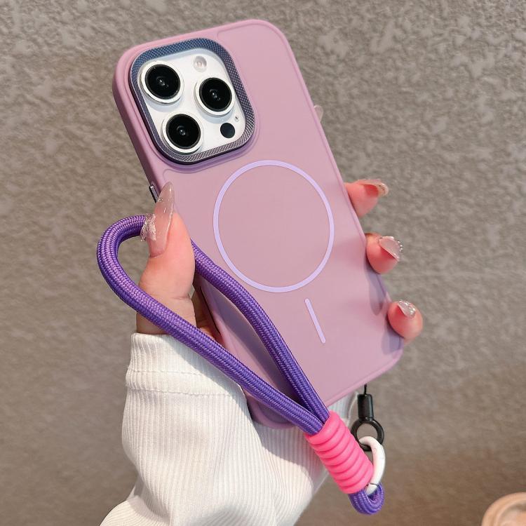For iPhone 13 Pro Max Metal Diamond Texture Lens Frame MagSafe Phone Case with Lanyard