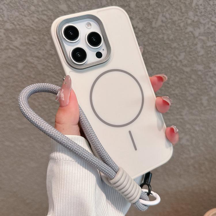 For iPhone 13 Pro Metal Diamond Texture Lens Frame MagSafe Phone Case with Lanyard