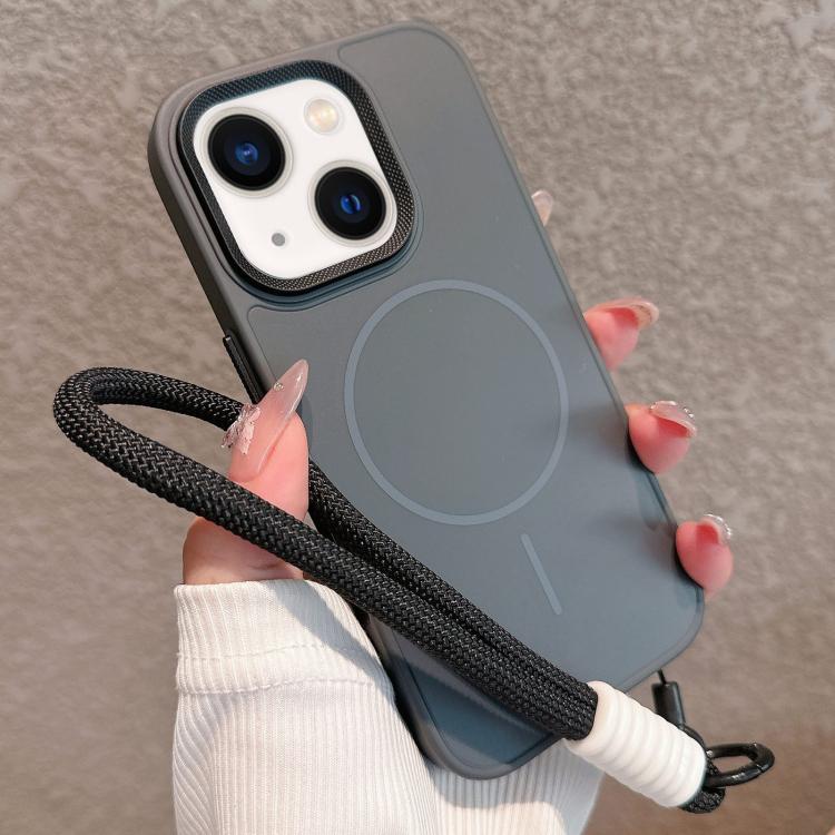 For iPhone 13 Metal Diamond Texture Lens Frame MagSafe Phone Case with Lanyard