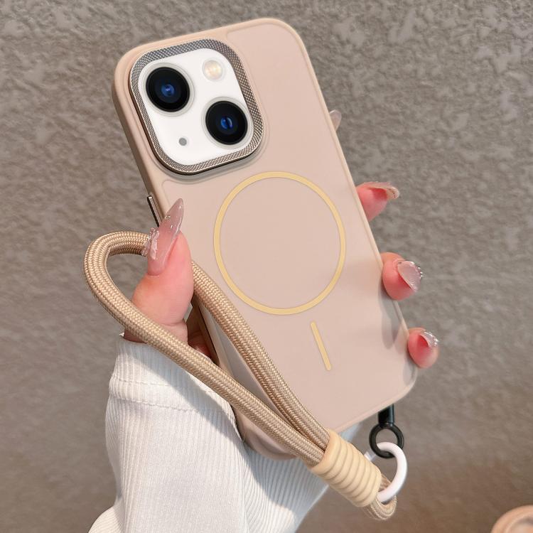 For iPhone 13 Metal Diamond Texture Lens Frame MagSafe Phone Case with Lanyard