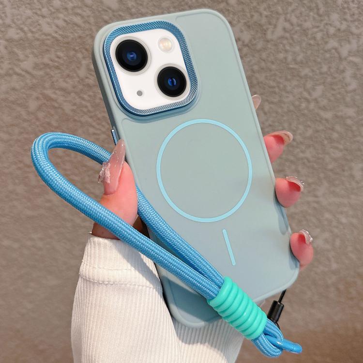 For iPhone 13 Metal Diamond Texture Lens Frame MagSafe Phone Case with Lanyard