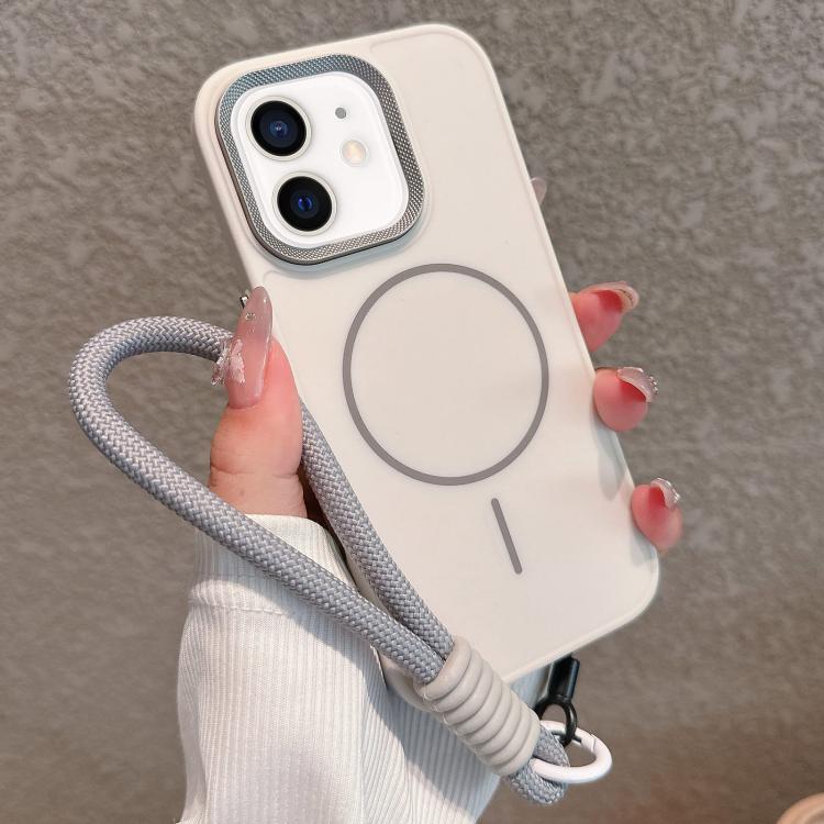 For iPhone 12 Metal Diamond Texture Lens Frame MagSafe Phone Case with Lanyard