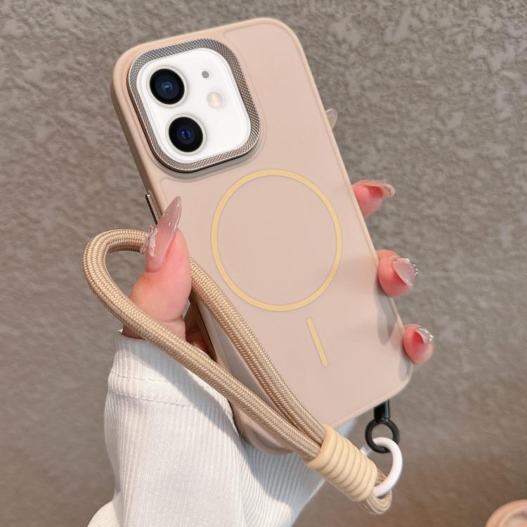 For iPhone 12 Metal Diamond Texture Lens Frame MagSafe Phone Case with Lanyard