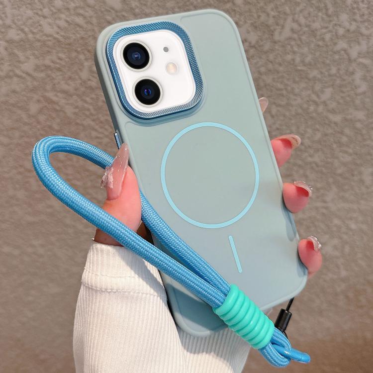 For iPhone 12 Metal Diamond Texture Lens Frame MagSafe Phone Case with Lanyard