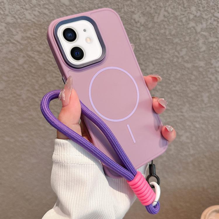 For iPhone 12 Metal Diamond Texture Lens Frame MagSafe Phone Case with Lanyard