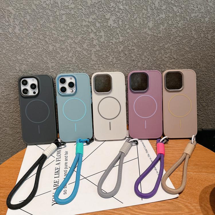 For iPhone 15 Metal Diamond Texture Lens Frame MagSafe Phone Case with Lanyard