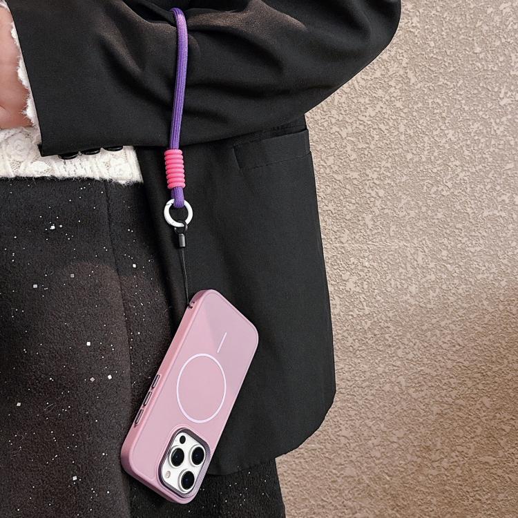 For iPhone 15 Metal Diamond Texture Lens Frame MagSafe Phone Case with Lanyard