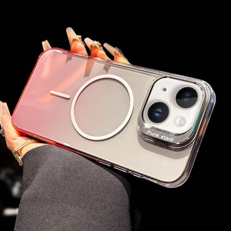 For iPhone 15 Metal Lens Folding Holder Gradient MagSafe Shockproof Phone Case