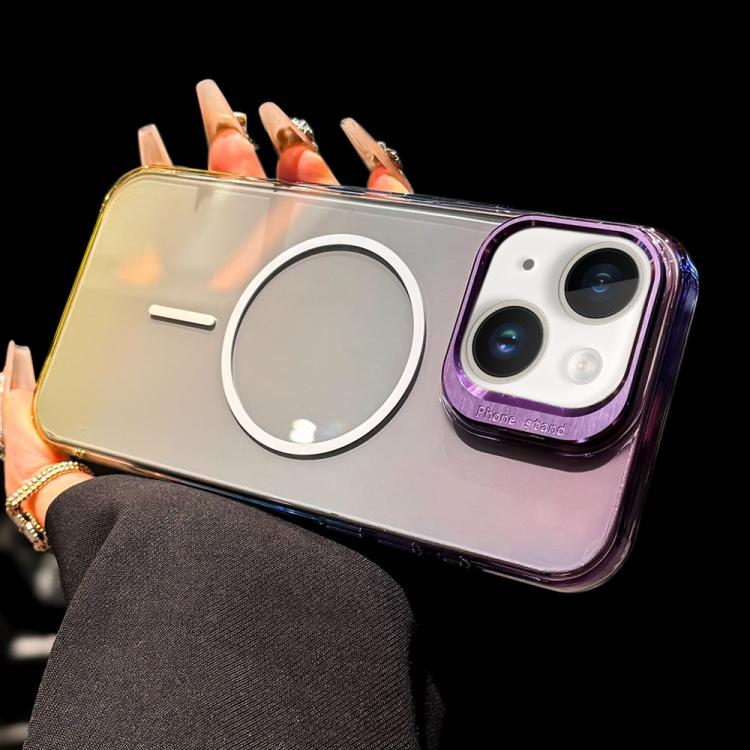 For iPhone 15 Metal Lens Folding Holder Gradient MagSafe Shockproof Phone Case