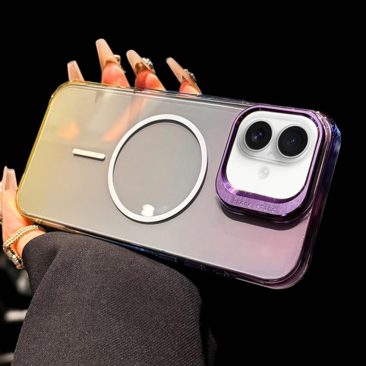For iPhone 16 Metal Lens Folding Holder Gradient MagSafe Shockproof Phone Case