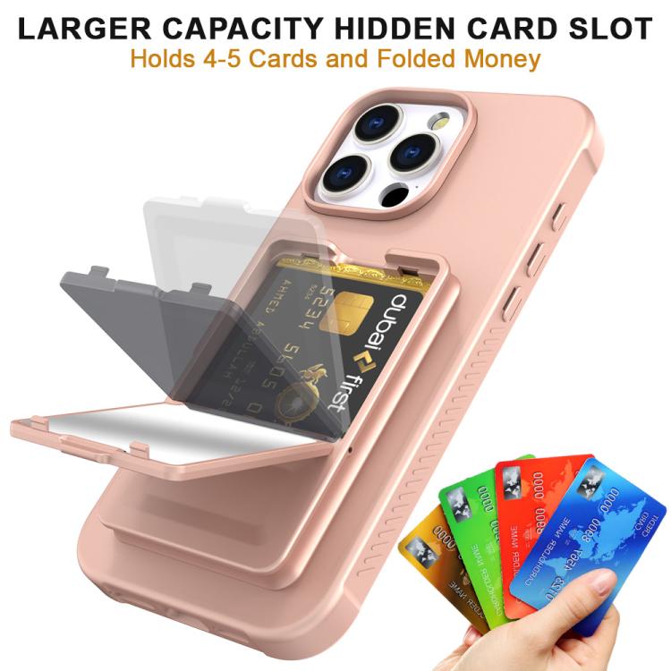 For iPhone 16 Pro Max Skin Feel TPU Hidden Mirror Card Bag Phone Case with Stand