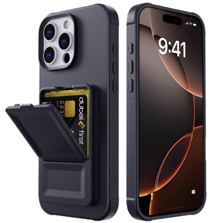 For iPhone 16 Pro Max Skin Feel TPU Hidden Mirror Card Bag Phone Case with Stand