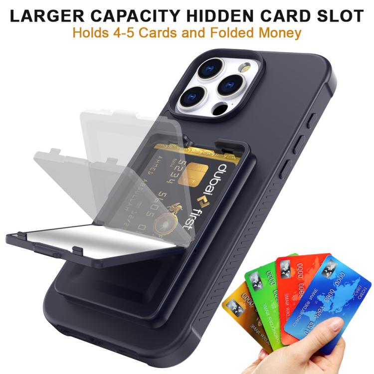 For iPhone 16 Pro Max Skin Feel TPU Hidden Mirror Card Bag Phone Case with Stand