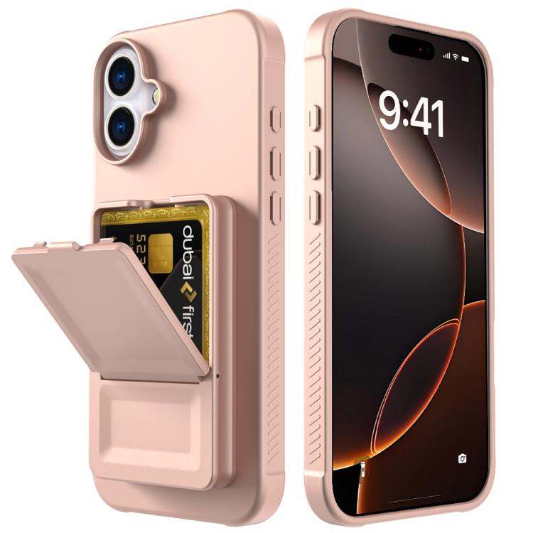 For iPhone 16 Skin Feel TPU Hidden Mirror Card Bag Phone Case with Stand