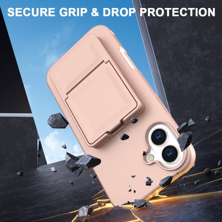 For iPhone 16 Skin Feel TPU Hidden Mirror Card Bag Phone Case with Stand