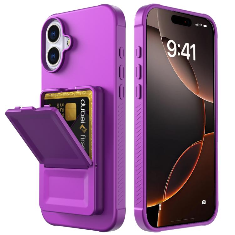 For iPhone 16 Skin Feel TPU Hidden Mirror Card Bag Phone Case with Stand